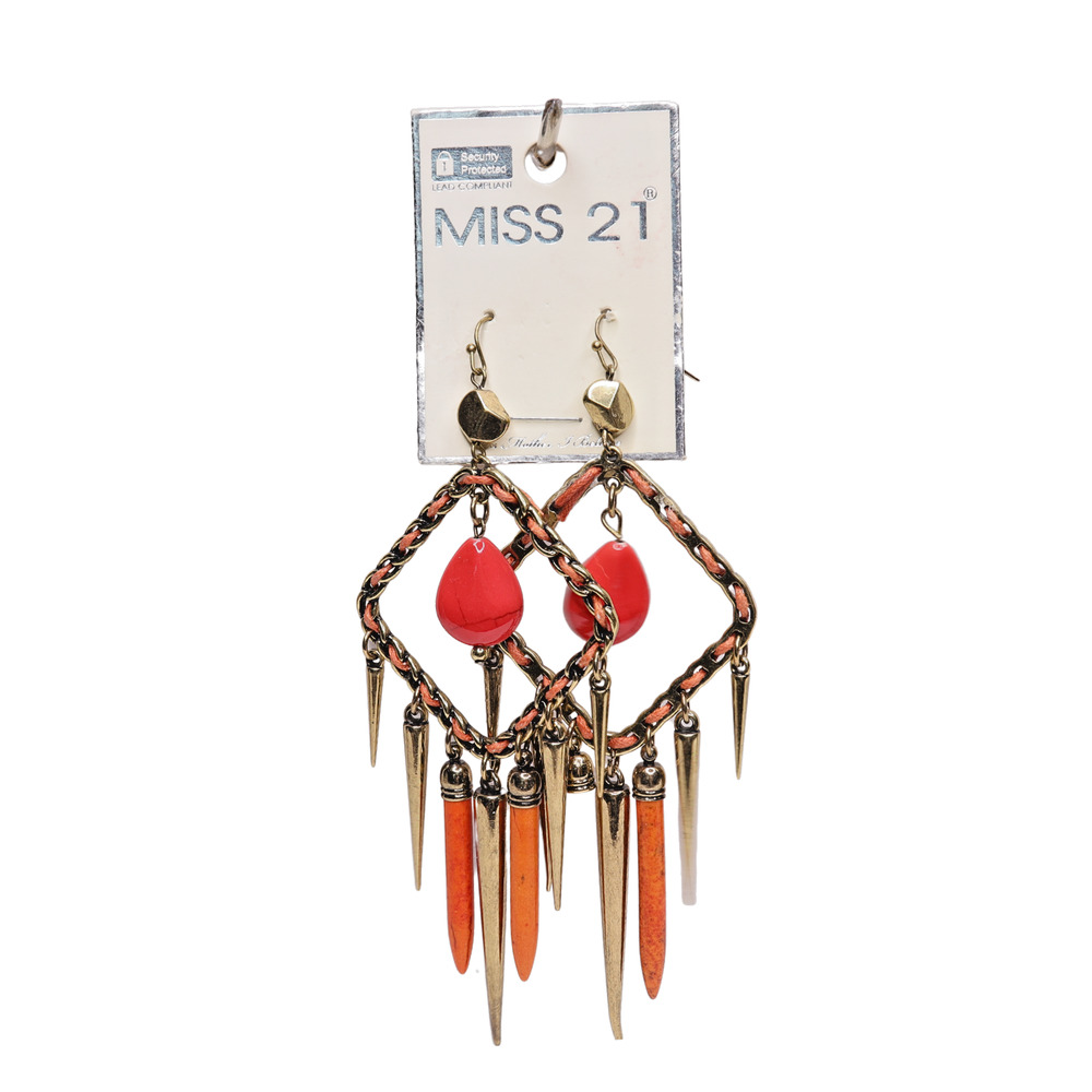 Miss 21 Orange Dangle Gold Tone Drop Triangle Earrings - New On Card